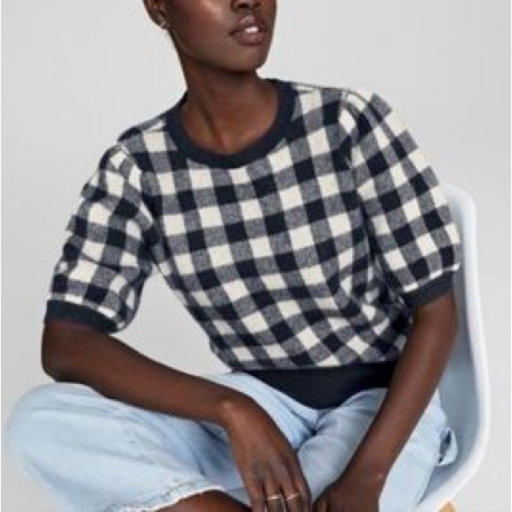 Charter Club Luxury Checkered Cashmere‎ Short Puff Sleeve Sweater Navy White S